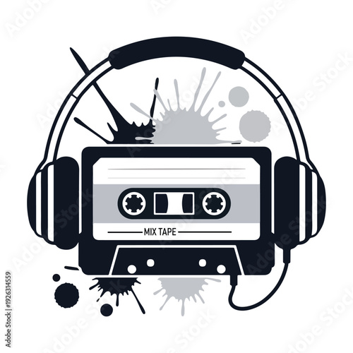 Retro audio cassette tape isolated on white background with vintage music and analogue sound style vector illustration t shirt design.