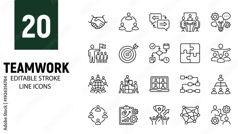Fototapeta premium Teamwork Line Icon Set – Collaboration, Leadership, Target Goal and Business Cooperation Editable Stroke Vector Collection