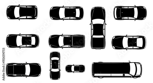 Overhead view of various black car silhouettes, perfect for transportation design and automotive concepts.