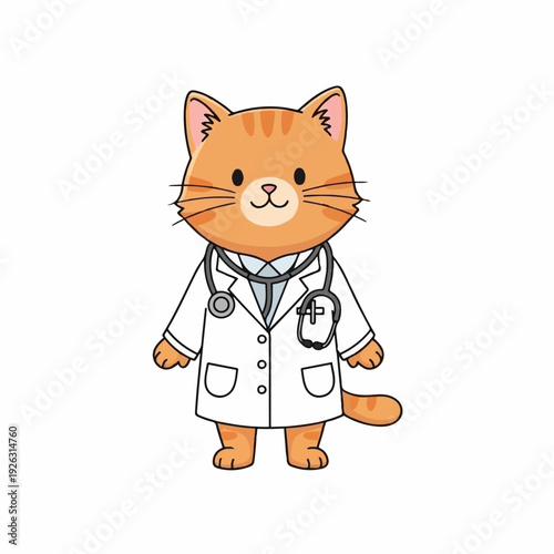 Cat doctor character illustration wearing a white lab coat and stethoscope symbolizes friendly veterinary care for pets.