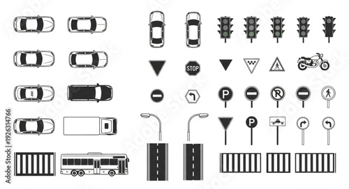 Collection of various road signs and vehicles in monochrome style for design.
