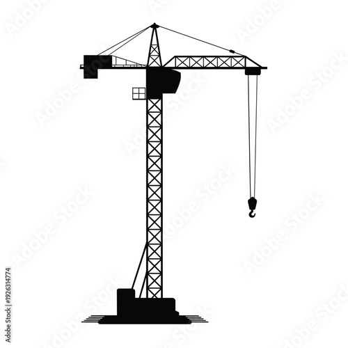Simple black and white silhouette of a tower crane against a white background