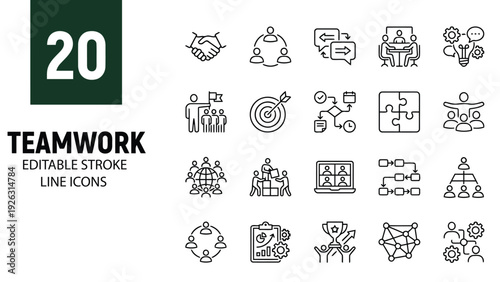 Teamwork Line Icon Set – Collaboration, Leadership, Target Goal and Business Cooperation Editable Stroke Vector Collection