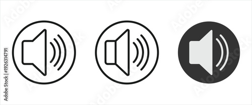 Set of three volume control icons in circular frames designed for app interface and wed design.