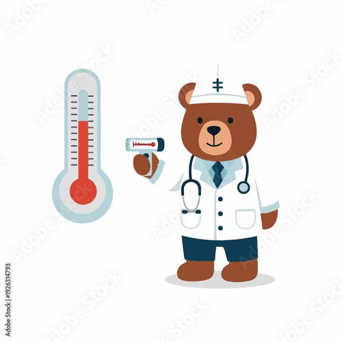 A bear doctor examines a large thermometer and holds a non-contact thermometer, symbolizing health monitoring and temperature checks.