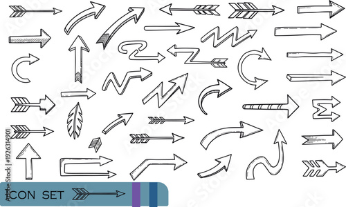 Print Collection of Hand-Drawn Decorative Arrows Featuring Sketchy Doodles Tribal Style Feathers Curved Pointers and Creative Directional Symbols