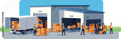 A busy logistics scene depicts a warehouse trucks and workers loading cargo ideal for design on transparent background silhouette high quality