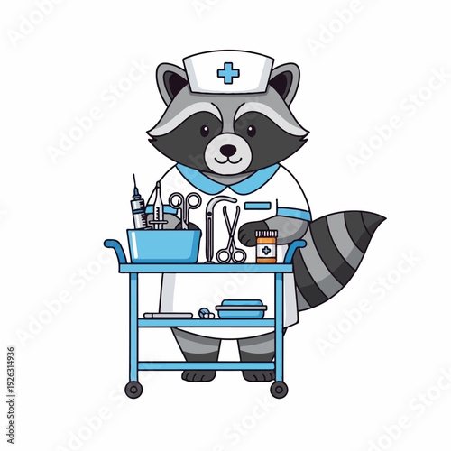 Raccoon nurse character stands beside a rolling medical cart filled with surgical tools and medication bottles.