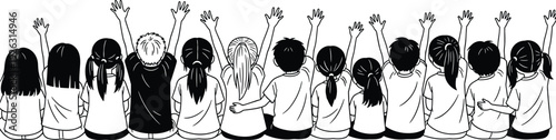 Group of School Children Raising Hands Sitting Together Back View Black and White Vector Illustration for Education Concept Design