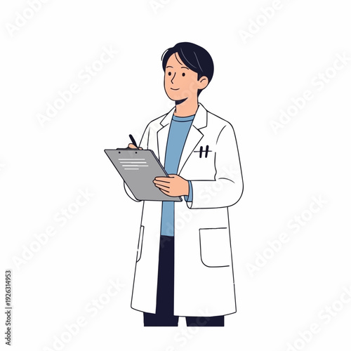 Young male physician in a white lab coat stands holding a clipboard and pen while looking thoughtfully into the distance.