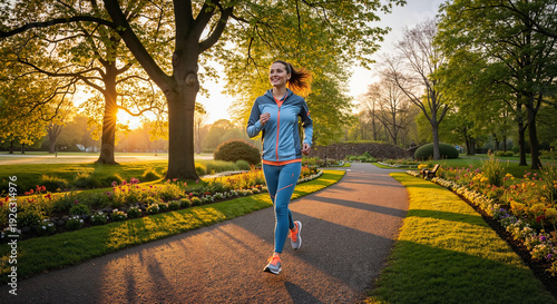 Young woman jogging on pathway in park during sunrise  