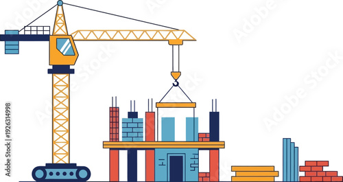A colorful illustration of a construction crane lifting building blocks ideal for projects on transparent background silhouette high quality professional detailed