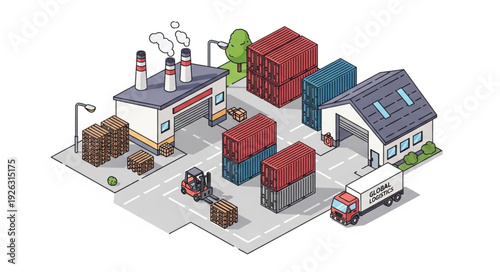 Isometric Industrial Warehouse with Containers.