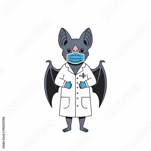 Bat wearing a laboratory coat, protective gloves, and a blue surgical mask stands ready to conduct scientific research or medical testing.