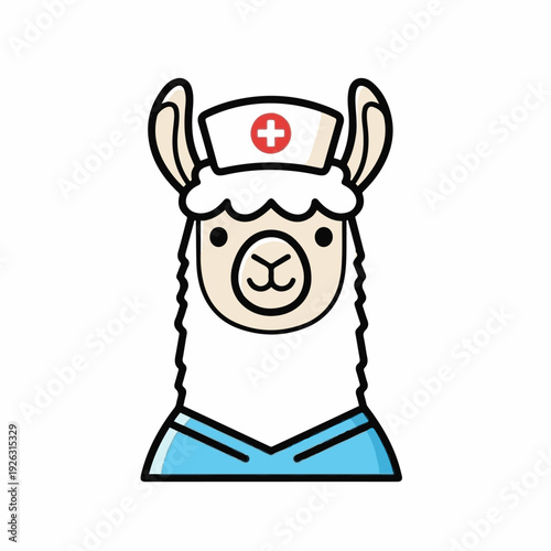 Llama nurse character wearing a white cap with a red cross emblem and blue scrubs symbolizes compassionate care and veterinary assistance.