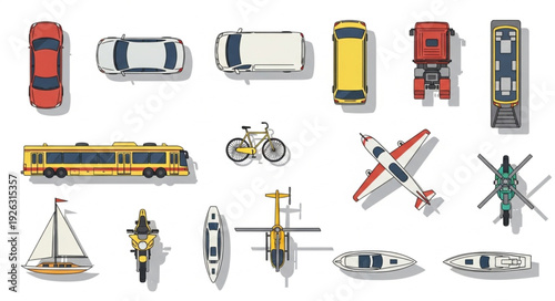 Overhead view of various vehicles including cars, trucks, and aircraft.