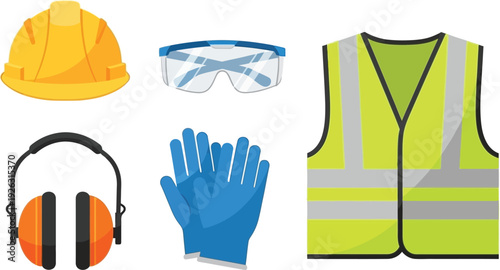 Construction safety gear including a helmet goggles vest gloves and earmuffs silhouette on transparent background high quality professional detailed modern elegant