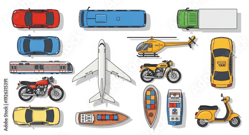 Collection of various transportation vehicles, including cars, buses, and aircraft, from a top-down perspective.