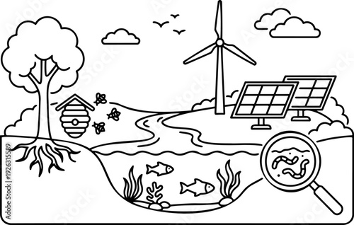 Line art vector of an ecology and sustainability concept with renewable energy, a river ecosystem, wildlife, and soil microorganisms