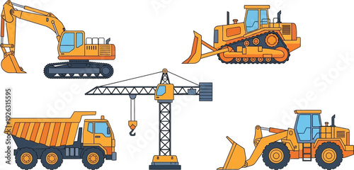 A colorful illustration depicting various construction vehicles including a bulldozer excavator and truck on transparent background silhouette high quality professional detailed