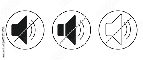 Volume speaker mute volume vector set. Vector sound off icon used to  silence or turn off audio on computers, smartphones, and media players.