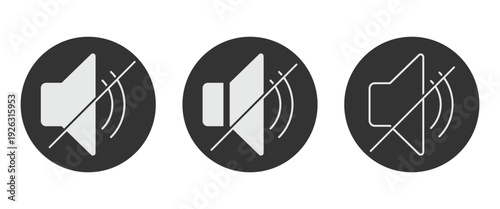 Volume speaker mute volume vector set. Vector sound off icon used to  silence or turn off audio on computers, smartphones, and media players.