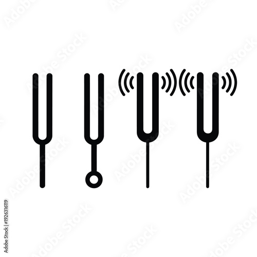 Four tuning forks illustrating sound vibration and frequency waves