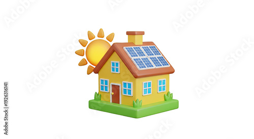 3D Rendering of a House with Solar Panels and Sun