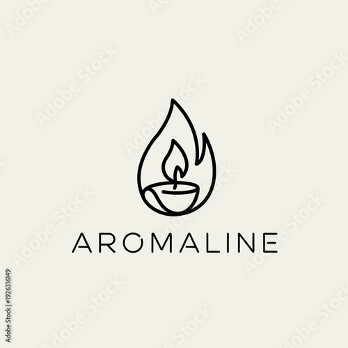Aromaline logo design with minimalist candle flame line art.
