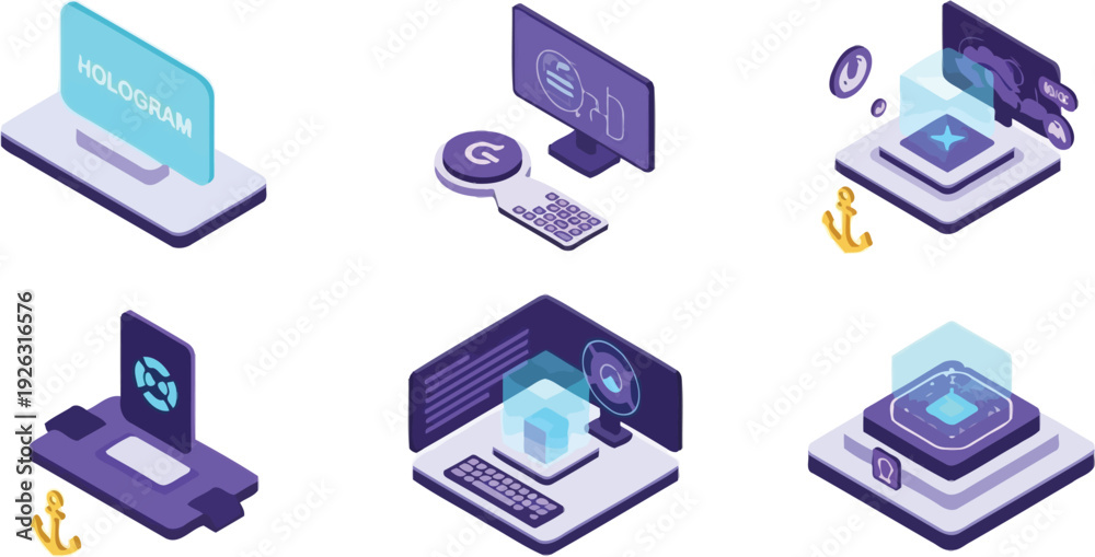 Fototapeta premium A vibrant vector illustration set showcasing futuristic technology concepts, including data processing, holographic displays, and digital security solutions.