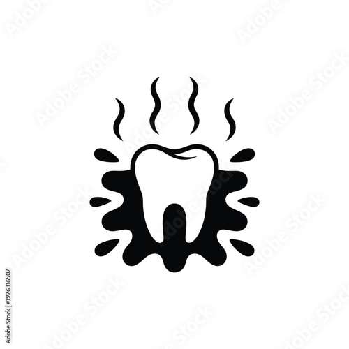 Black and white illustration of a tooth with steam and splatter