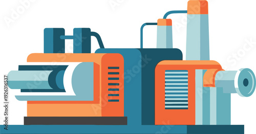 A colorful illustration of an industrial printing press machine depicted in a flat graphic style on transparent background silhouette high quality