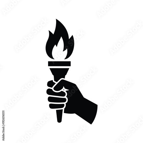 A stylized black silhouette of a hand holding a burning torch