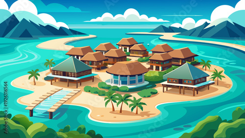 Very beautiful aerial landscape of a luxury tropical resort with elegant water villas stretching over turquoise ocean and pristine white sandy beach.
