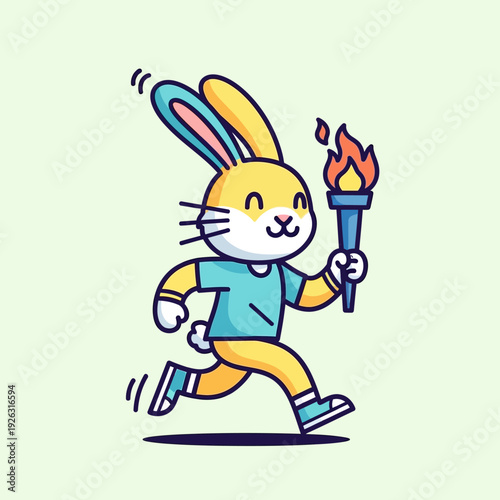 Happy cartoon rabbit running with a torch, Olympic spirit, sports, victory, achievement