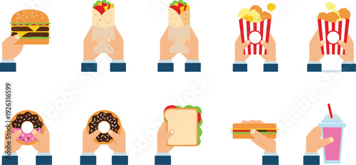 Hands Holding Fast Food Set with Burger Burrito Popcorn Donut Sandwich Hotdog and Soda Flat Vector Illustration.