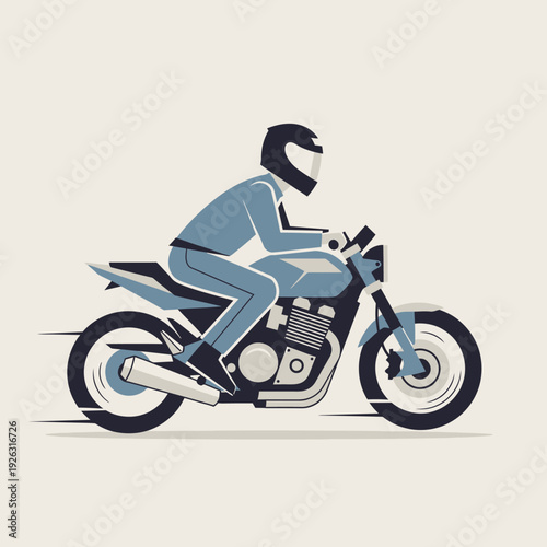 Motorcyclist riding a blue motorcycle on a neutral background, motion blur effect