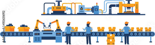 A flat colorful illustration depicts an industrial factory production line with workers on transparent background silhouette high quality professional detailed modern