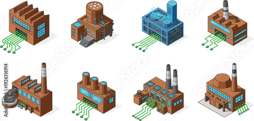 Isometric vector illustration collection showcasing various industrial factory buildings integrated with digital technology and smart manufacturing processes