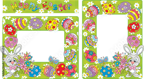 Frame borders with a cute little bunny with a bouquet of flowers and colorfully painted Easter eggs on a green lawn among white spring daisies, a set of vector cartoon illustrations on white