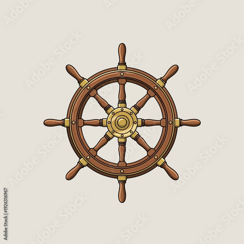 Vintage Wooden Ship Steering Wheel with Brass Details on Light Background