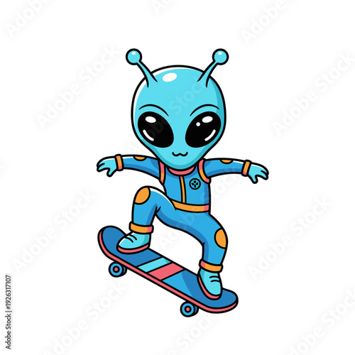 Cute blue alien riding a skateboard, cartoon style, fun and playful
