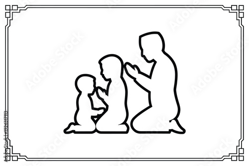 A simple line drawing depicts a father and child in prayer
