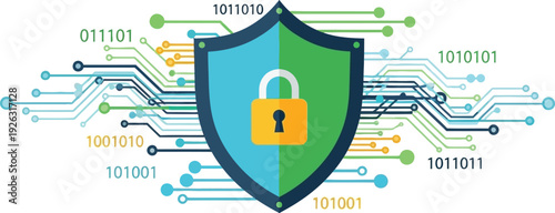 A digital shield with binary code and a padlock representing cybersecurity on transparent background silhouette high quality professional detailed modern elegant