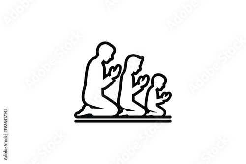Black and white line drawing of a family with three figures