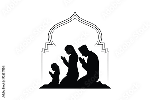 Silhouette of a muslim family praying within an arched doorway