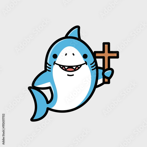 Cute cartoon shark holding a Christian cross, religious symbol, faith, and spirituality