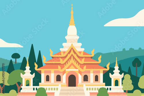 Illustration Of An Ancient Temple With Mountains Behind It Beautiful Scenery, Clouds And Clear Sky Vector Design Template