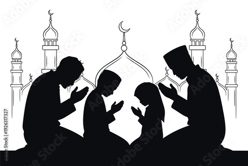 Muslim family praying together in front of a mosque silhouette