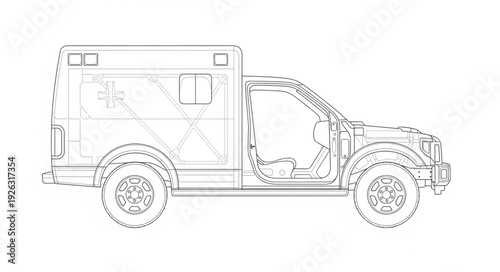 Detailed Line Drawing of Delivery Truck Vehicle.